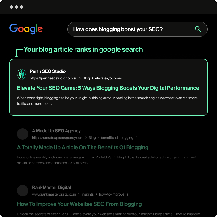 infographic showing a blog article in the top position of the Google Search results page boosting SEO performance